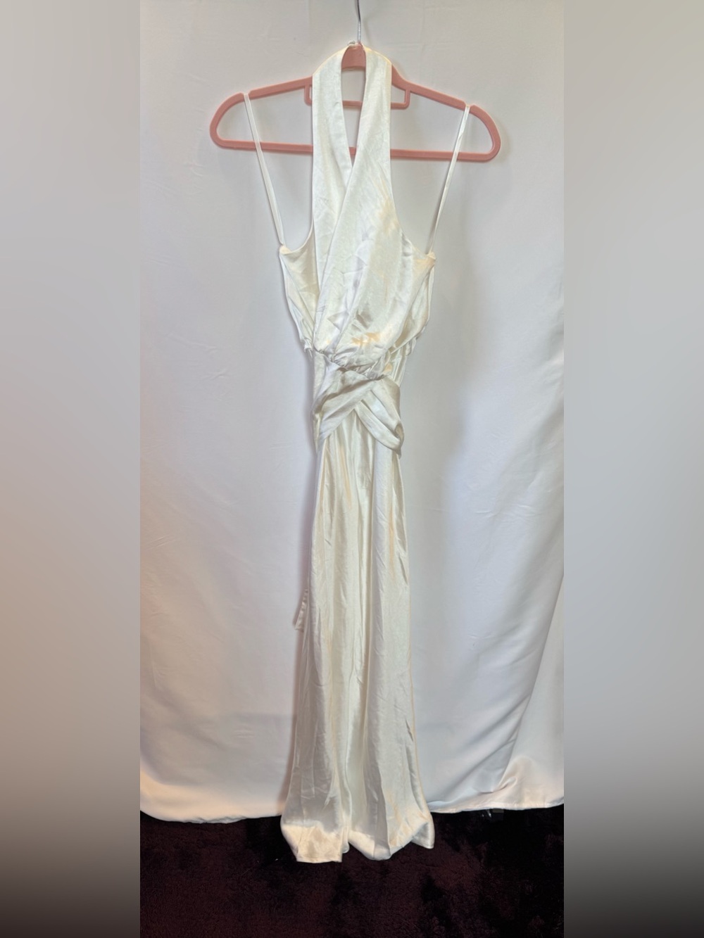 NWOT here comes the sun, Elegant White Satin Halter wrap Dress, sz S
